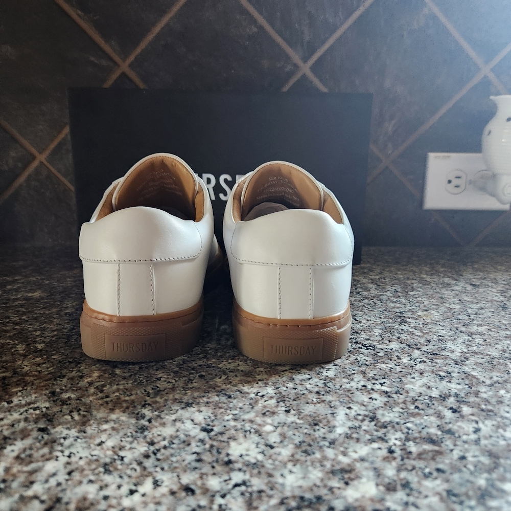 Thursday Boot Company White Leather Sneakers with Tan Sole and Lined Collar - Picture 3 of 6